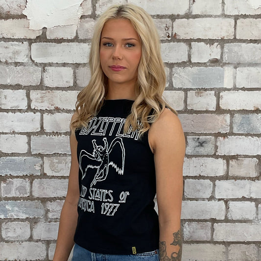 Led Zeppelin 1977 US graphic tshirt recycled into sleeveless vest top, sustainable upcycled fashion, British recycled fashion brand, slow fashion, eco conscious band graphic tshirt upcycled by Unwantees, recycled tshirt otherwise destined for landfill.  Rock music style graphic tshirt upcycled by Unwantees, Grey Slash Neck tank top, upcycled in the UK by unwantees. Sustainable upcycled fashion