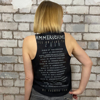 Graphic Hammerschmitt 2016, Still on Fire Tour Tshirt,  on black T-shirt, top made from upcycled graphic band tshirt, punk rock style street wear, athleisure wear, unwantees is a sustainable fashion brand, we take unwanted graphic tshirts otherwise destined for landfill and recycle clothing into vest tops for sports wear or leisure.  Refashioned band merch, Slash Neck Sleeveless Top