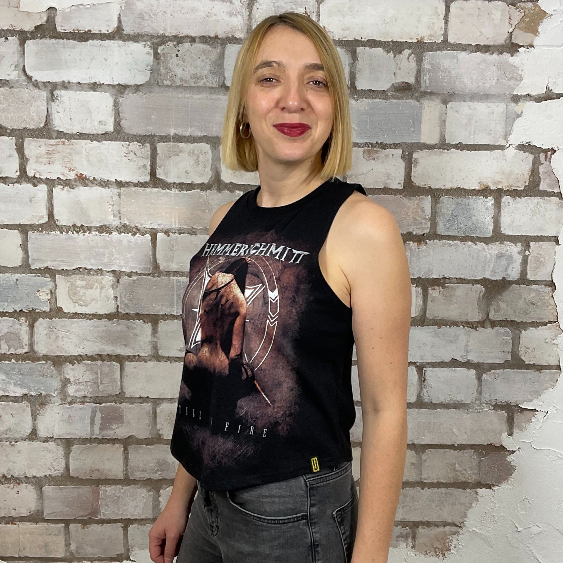 Hammerschmitt 2016, Still on Fire Tour Tshirt, graphic on black T-shirt, top made from upcycled graphic band tshirt, punk rock style street wear, athleisure wear, unwantees is a sustainable fashion brand, we take unwanted graphic tshirts otherwise destined for landfill and recycle clothing into vest tops for sports wear or leisure.  Refashioned band merch, Slash Neck Sleeveless Top