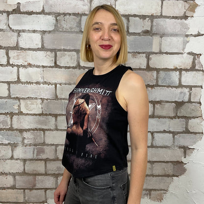 Hammerschmitt 2016, Still on Fire Tour Tshirt, graphic on black T-shirt, top made from upcycled graphic band tshirt, punk rock style street wear, athleisure wear, unwantees is a sustainable fashion brand, we take unwanted graphic tshirts otherwise destined for landfill and recycle clothing into vest tops for sports wear or leisure.  Refashioned band merch, Slash Neck Sleeveless Top