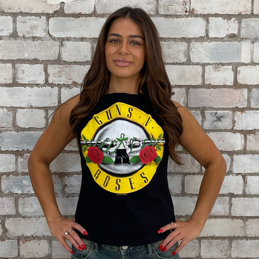 Guns N Roses emblem graphic tshirt recycled into sleeveless vest top, sustainable upcycled fashion, British recycled fashion brand, slow fashion, eco conscious band graphic tshirt upcycled by Unwantees, recycled tshirt otherwise destined for landfill.  Rock music style graphic tshirt upcycled by Unwantees, Grey Slash Neck tank top, upcycled in the UK by unwantees. Sustainable upcycled fashion