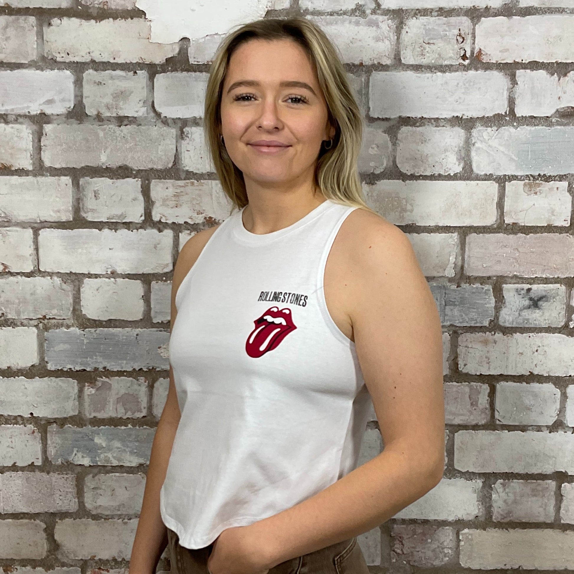 The Rolling Stones, Adelphi Theatre, Dublin Tour Graphic print on 100% White cotton fabric, Festival Style Unwantee made from upcycled and deconstructed graphic tshirt, punk rock style street wear, athleisure wear, unwantees is a sustainable fashion brand, we take unwanted graphic tshirts otherwise destined for landfill and recycle clothing into vest tops for sports wear or leisure.  Refashioned band merch, Slash Neck Sleeveless Top