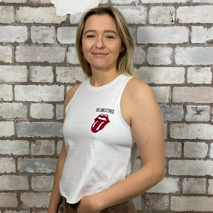 The Rolling Stones, Adelphi Theatre, Dublin Tour Graphic print on 100% White cotton fabric, Festival Style Unwantee made from upcycled and deconstructed graphic tshirt, punk rock style street wear, athleisure wear, unwantees is a sustainable fashion brand, we take unwanted graphic tshirts otherwise destined for landfill and recycle clothing into vest tops for sports wear or leisure.  Refashioned band merch, Slash Neck Sleeveless Top