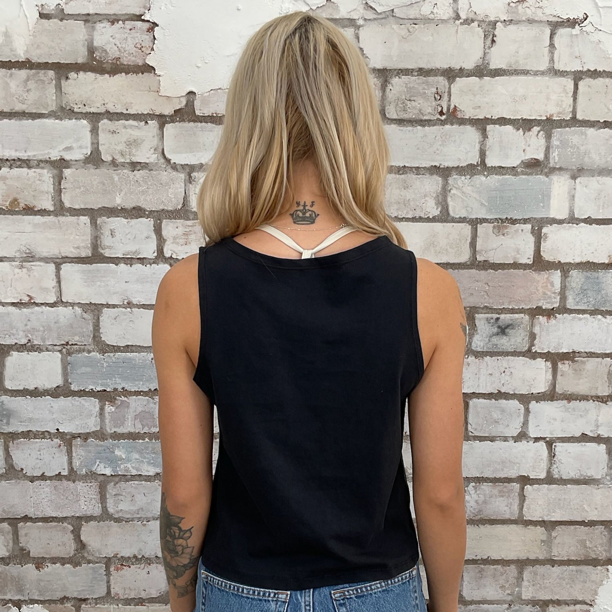 Everly Brothers graphic print tshirt recycled into sleeveless vest top, sustainable upcycled fashion, British recycled fashion brand, slow fashion, eco conscious band graphic tshirt upcycled by Unwantees, recycled tshirt otherwise destined for landfill.  Rock music style graphic tshirt upcycled by Unwantees, Grey Slash Neck tank top, upcycled in the UK by unwantees. Sustainable upcycled fashion