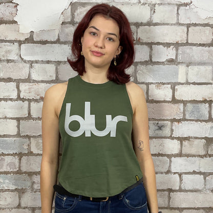 Blur Graphic print on 100% khaki green cotton fabric, Festival Style Unwantee made from upcycled and deconstructed graphic tshirt, punk rock style street wear, athleisure wear, unwantees is a sustainable fashion brand, we take unwanted graphic tshirts otherwise destined for landfill and recycle clothing into vest tops for sports wear or leisure.  Refashioned band merch, Slash Neck Sleeveless Top