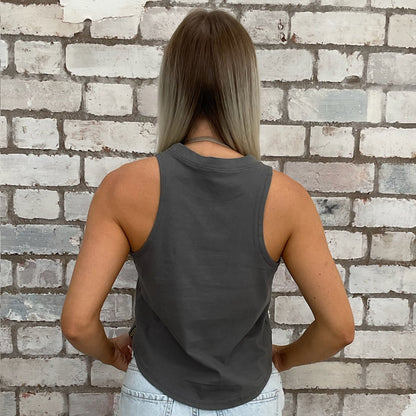 Savage graphic print tshirt recycled into sleeveless vest top, sustainable upcycled fashion, British recycled fashion brand, slow fashion, eco conscious band graphic tshirt upcycled by Unwantees, recycled tshirt otherwise destined for landfill.  Rock music style graphic tshirt upcycled by Unwantees, Grey Racerback tank top, upcycled in the UK by unwantees. Sustainable upcycled fashion