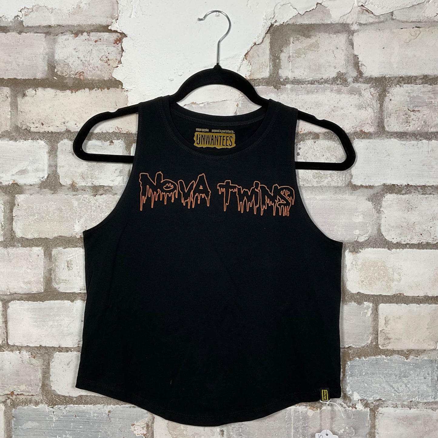 Nova Twins 2022 Tour Merch graphics on a black cotton racerback Tank Top upcycled by Unwantees, sustainable fashion made in Great Britain from vintage graphic tshirt