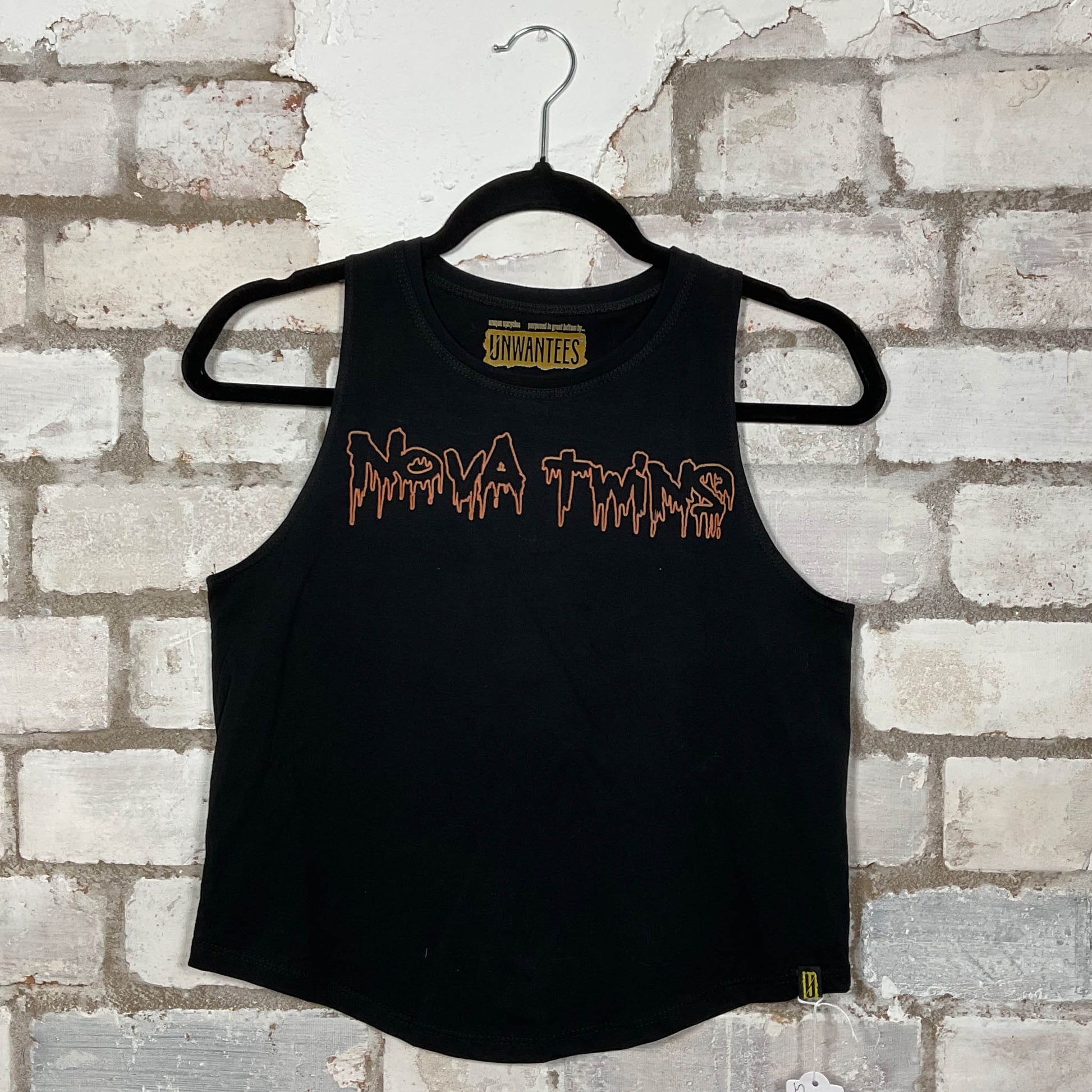 Nova Twins 2022 Tour Merch graphics on a black cotton racerback Tank Top upcycled by Unwantees, sustainable fashion made in Great Britain from vintage graphic tshirt