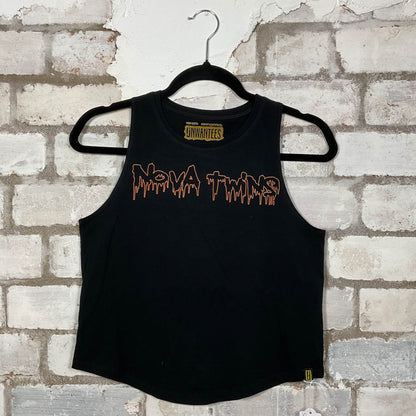 Nova Twins 2022 Tour Merch graphics on a black cotton racerback Tank Top upcycled by Unwantees, sustainable fashion made in Great Britain from vintage graphic tshirt