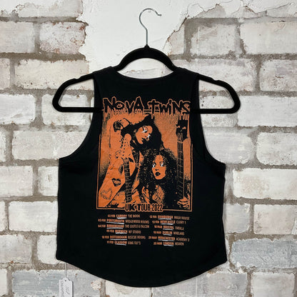 Rear Print Nova Twins 2022 Tour Merch graphics on a black cotton racerback Tank Top upcycled by Unwantees, sustainable fashion made in Great Britain from vintage graphic tshirt