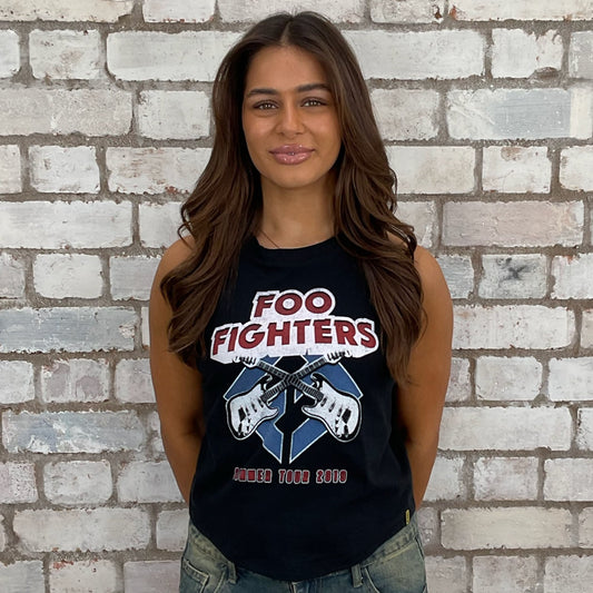 Foo Fighters Summer Tour 2019 graphic print tshirt recycled into sleeveless vest top, sustainable upcycled fashion, British recycled fashion brand, slow fashion, eco conscious band graphic tshirt upcycled by Unwantees, recycled tshirt otherwise destined for landfill.  Rock music style graphic tshirt upcycled by Unwantees, Grey Racerback tank top, upcycled in the UK by unwantees. Sustainable upcycled fashion