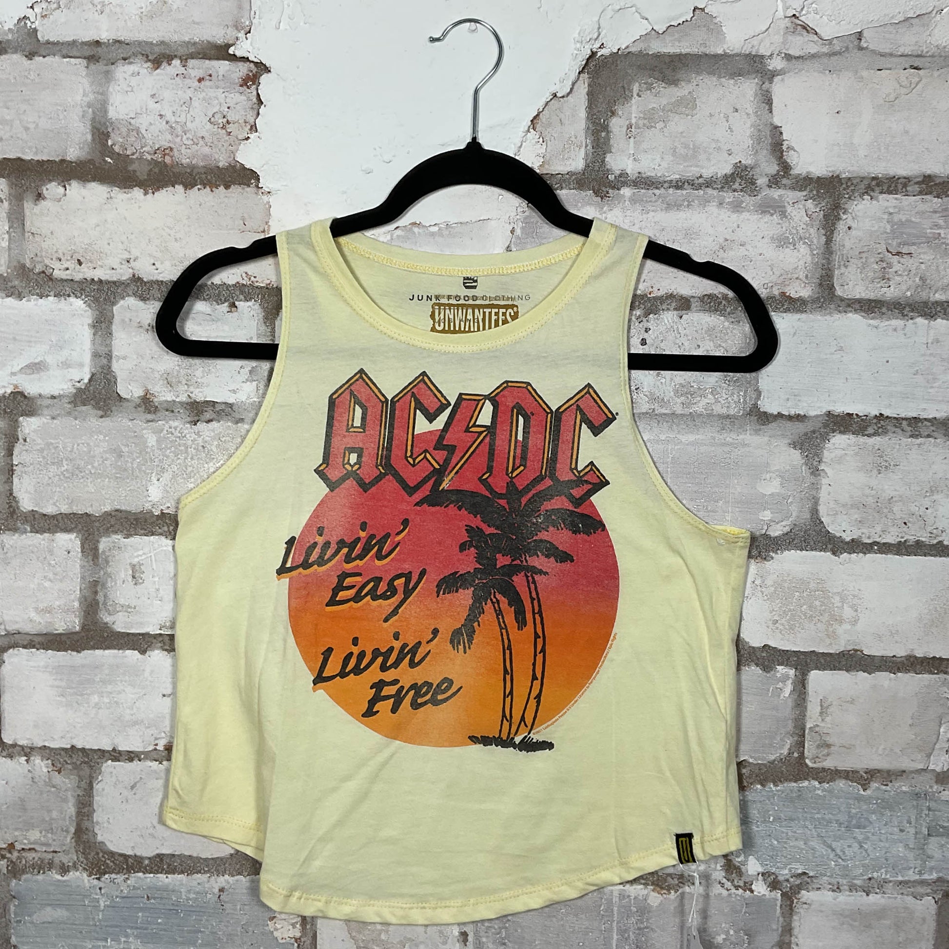 AC/DC Livin’ is Easy graphics on mellow yellow cotton Racerback Tank Top upcycled by Unwantees, sustainable fashion made in Great Britain from vintage graphic tshirt 