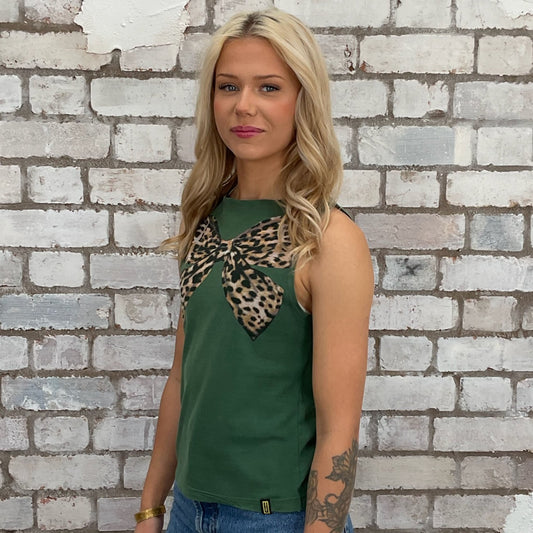 Green Tshirt with bow tie Graphic print ecycled into sleeveless vest top, sustainable upcycled fashion, British Foo Fighters Summer Tour 2019 recycled fashion brand, slow fashion, eco conscious band graphic tshirt upcycled by Unwantees, recycled tshirt otherwise destined for landfill.  Rock music style graphic tshirt upcycled by Unwantees, Grey Racerback tank top, upcycled in the UK by unwantees. Sustainable upcycled fashion