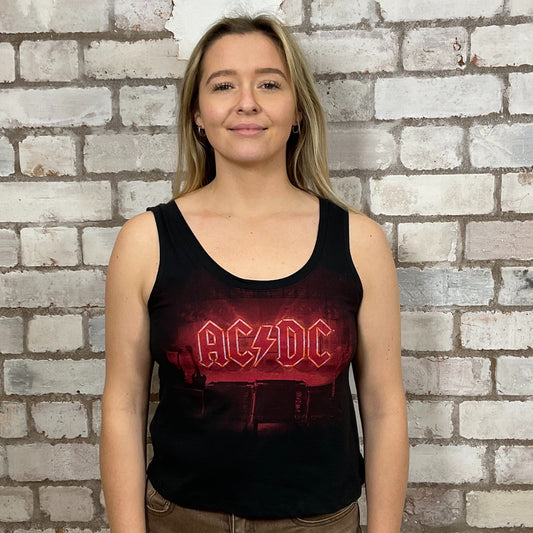 AC/DC Power Up Tour band merch 2024 Tour Tshirt Upcycled by Unwantees, Graphic print on black tshirt jersey fabric, Festival Style Unwantee made from upcycled and deconstructed graphic tshirt, punk rock style street wear, athleisure wear, unwantees is a sustainable fashion brand, we take unwanted graphic tshirts otherwise destined for landfill and recycle clothing into vest tops for sports wear or leisure.  Refashioned band merch, Slash Neck Sleeveless Top