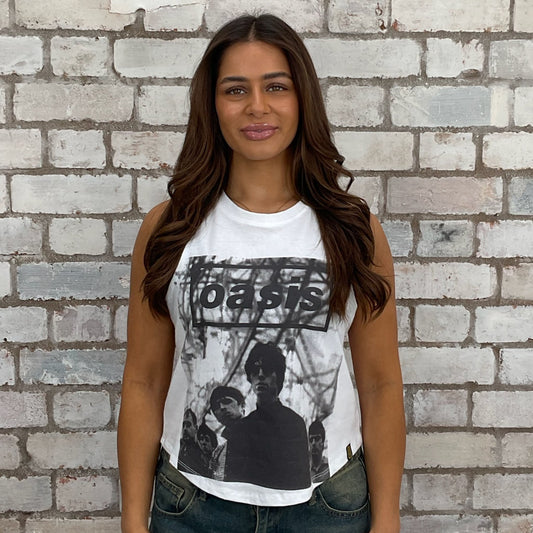 Oasis graphic print tshirt recycled into sleeveless vest top, sustainable upcycled fashion, British recycled fashion brand, slow fashion, eco conscious band graphic tshirt upcycled by Unwantees, recycled tshirt otherwise destined for landfill.  Rock music style graphic tshirt upcycled by Unwantees, Grey Racerback tank top, upcycled in the UK by unwantees. Sustainable upcycled fashion