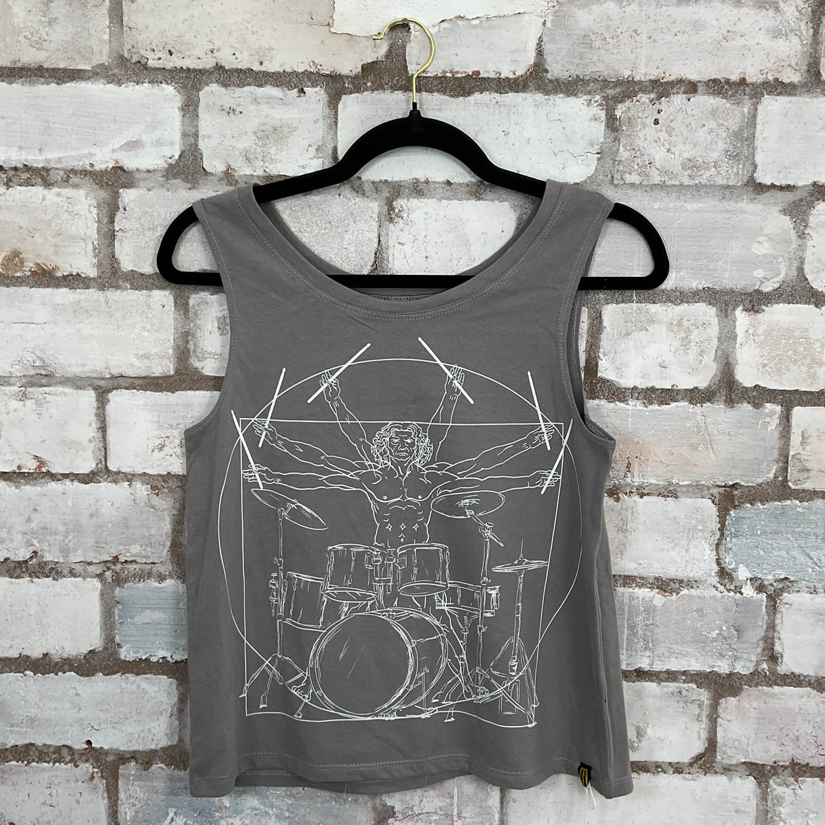Vitruviun Man Drummer Unwantee Tank Top upcycled by Unwantees, sustainable fashion made in great Britain from vintage graphic tshirt 