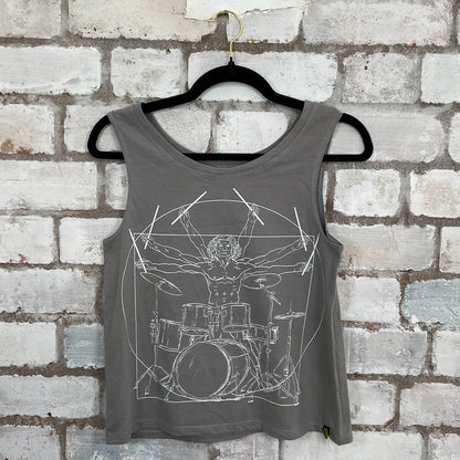 Vitruviun Man Drummer Unwantee Tank Top upcycled by Unwantees, sustainable fashion made in great Britain from vintage graphic tshirt 