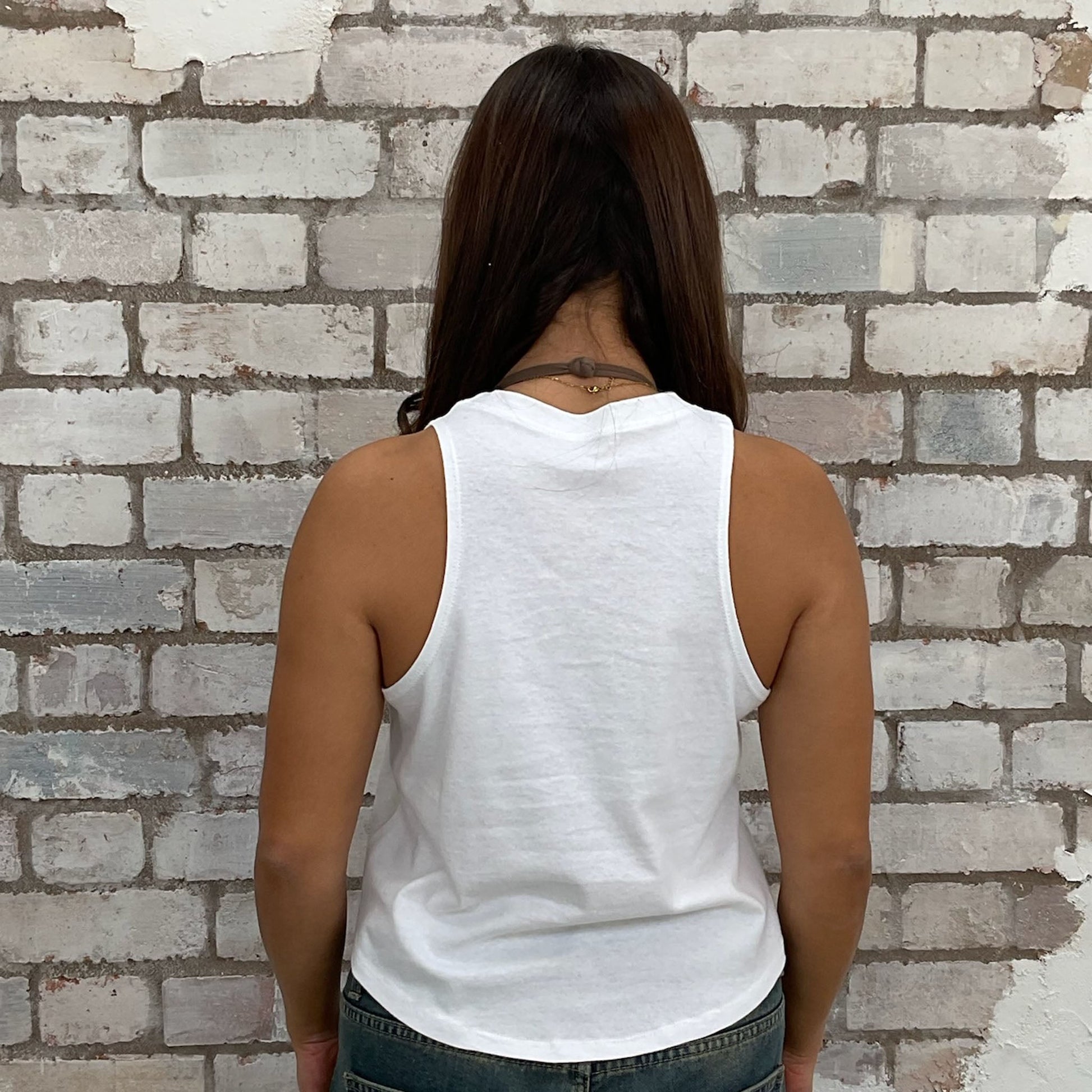 Oasis print tshirt recycled into sleeveless vest top, sustainable upcycled fashion, British recycled fashion brand, slow fashion, eco conscious band graphic tshirt upcycled by Unwantees, recycled tshirt otherwise destined for landfill.  Rock music style graphic tshirt upcycled by Unwantees, Grey Racerback tank top, upcycled in the UK by unwantees. Sustainable upcycled fashion