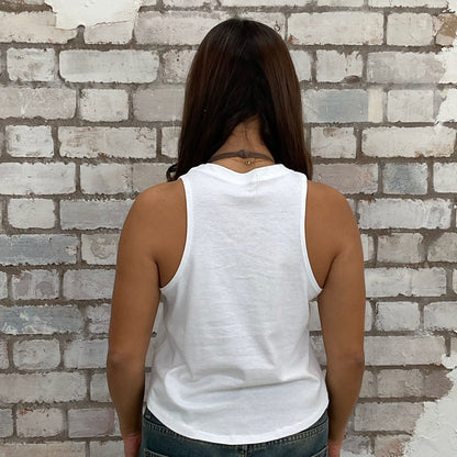 Oasis print tshirt recycled into sleeveless vest top, sustainable upcycled fashion, British recycled fashion brand, slow fashion, eco conscious band graphic tshirt upcycled by Unwantees, recycled tshirt otherwise destined for landfill.  Rock music style graphic tshirt upcycled by Unwantees, Grey Racerback tank top, upcycled in the UK by unwantees. Sustainable upcycled fashion