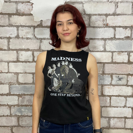 Madness, C’est la Vie, 2024 Tour Tshirt Upcycled by Unwantees, Graphic print on black Tshirt jersey fabric, Festival Style Unwantee made from upcycled and deconstructed graphic tshirt, athleisure wear, unwantees is a sustainable fashion brand, we take unwanted graphic tshirts otherwise destined for landfill and recycle clothing into vest tops for sports wear or leisure.  Refashioned band merch, Slash Neck Sleeveless Top