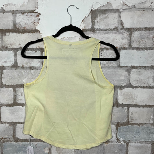 Rear View AC/DC Livin’ is Easy graphics on mellow yellow cotton Racerback Tank Top upcycled by Unwantees, sustainable fashion made in Great Britain from vintage graphic tshirt 