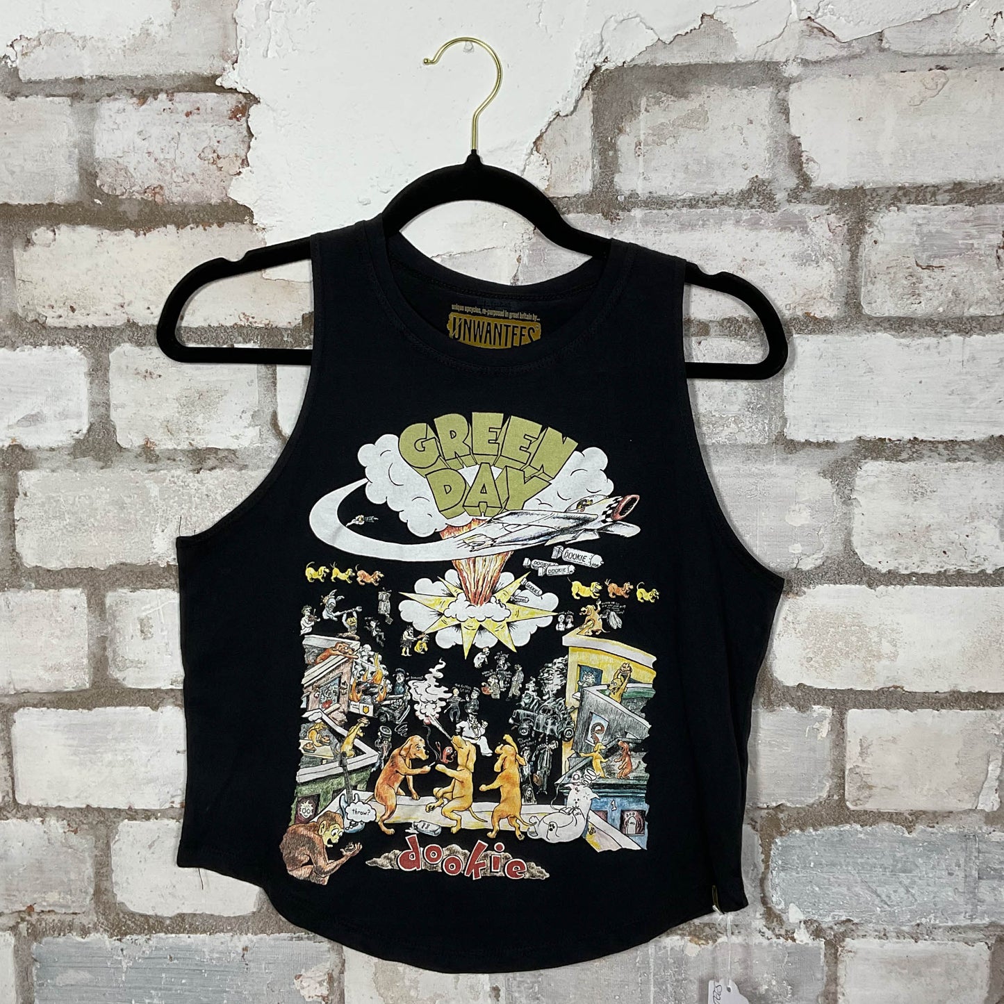 Green Day Dookie Albumn Artwork graphics on mellow yellow cotton Racerback Tank Top upcycled by Unwantees, sustainable fashion made in Great Britain from vintage graphic tshirt 