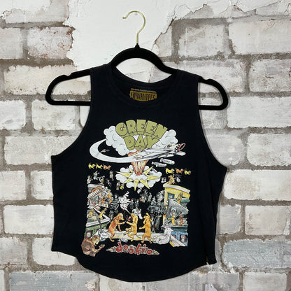 Green Day Dookie Albumn Artwork graphics on mellow yellow cotton Racerback Tank Top upcycled by Unwantees, sustainable fashion made in Great Britain from vintage graphic tshirt 