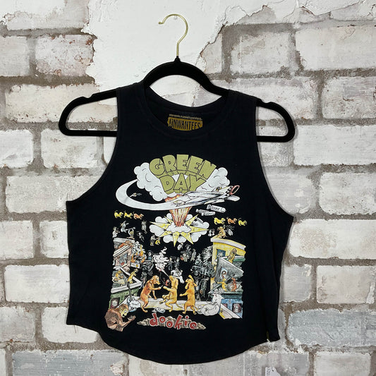 Green Day Dookie Albumn Artwork graphics on mellow yellow cotton Racerback Tank Top upcycled by Unwantees, sustainable fashion made in Great Britain from vintage graphic tshirt 