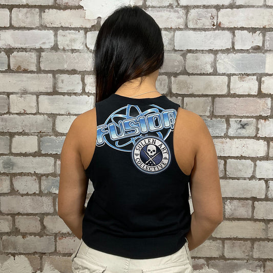 Fushion Tattoo Ink x Sullen Art collective Collab Tshirt Upcycled by Unwantees, Graphic, colourful Tattoo art print on black Tshirt jersey fabric, Festival Style Unwantee made from upcycled and deconstructed graphic tshirt, athleisure wear, unwantees is a sustainable fashion brand, we take unwanted graphic tshirts otherwise destined for landfill and recycle clothing into vest tops for sports wear or leisure.  Refashioned band merch, Slash Neck Sleeveless Top