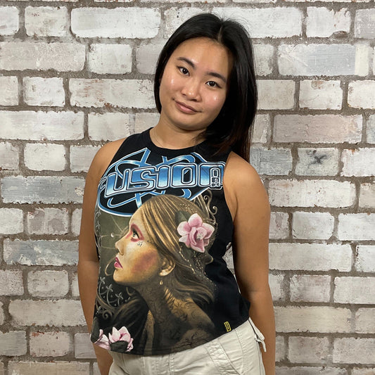 Fushion Tattoo Ink x Sullen Art collective Collab Tshirt Upcycled by Unwantees, Graphic Tattoo art print on black Tshirt jersey fabric, Festival Style Unwantee made from upcycled and deconstructed graphic tshirt, athleisure wear, unwantees is a sustainable fashion brand, we take unwanted graphic tshirts otherwise destined for landfill and recycle clothing into vest tops for sports wear or leisure.  Refashioned band merch, Slash Neck Sleeveless Top