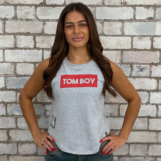 Tomboy graphic print tshirt recycled into sleeveless vest top, sustainable upcycled fashion, British recycled fashion brand, slow fashion, eco conscious band graphic tshirt upcycled by Unwantees, recycled tshirt otherwise destined for landfill.  Rock music style graphic tshirt upcycled by Unwantees, Grey Racerback tank top, upcycled in the UK by unwantees. Sustainable upcycled fashion