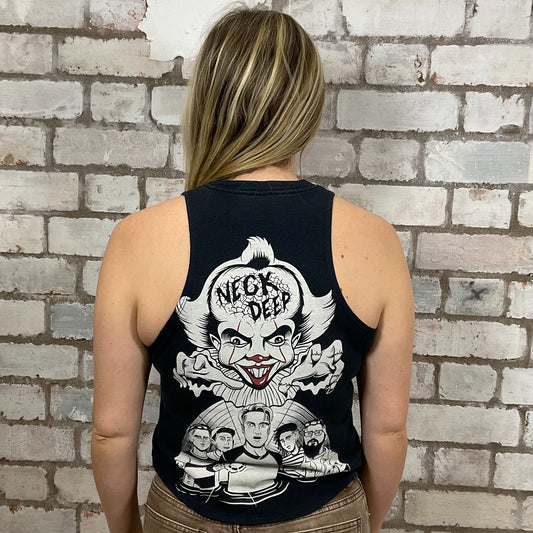 Neck Deep band tshirt featuring Pennywise the Clown Tshirt Upcycled by Unwantees, Graphic double sided print on black Tshirt jersey fabric, Festival Style Unwantee made from upcycled and deconstructed graphic tshirt, athleisure wear, unwantees is a sustainable fashion brand, we take unwanted graphic tshirts otherwise destined for landfill and recycle clothing into vest tops for sports wear or leisure.  Refashioned band merch, Slash Neck Sleeveless Top