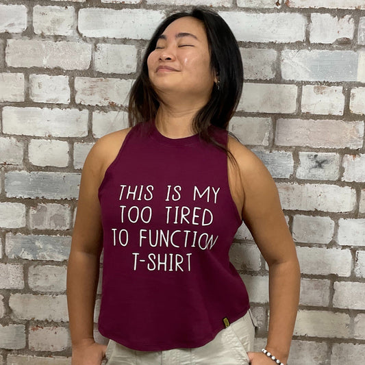Too Tired to Function Graphic Tshirt, tank top made from upcycled graphic band tshirt, punk rock style street wear, athleisure wear, unwantees is a sustainable fashion brand, we take unwanted graphic tshirts otherwise destined for landfill and recycle clothing into vest tops for sports wear or leisure.  Refashioned band merch, Slash Neck Sleeveless Top