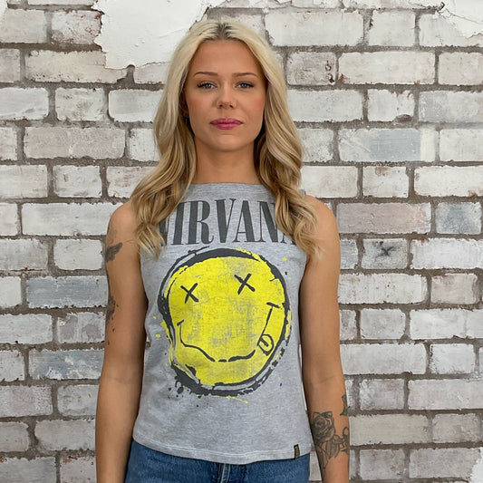 Nirvana Acid face Print Slash neck tank top made from an upcycled grey graphic band tshirt, punk rock style street wear, athleisure wear, unwantees is a sustainable fashion brand, we take unwanted graphic tshirts otherwise destined for landfill and recycle clothing into vest tops for sports wear or leisure.  Refashioned band merch, Slash Neck Sleeveless Top
