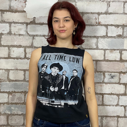 ATL 2015 European Tour band merch tshirt, graphic print Tshirt Upcycled by Unwantees, All Time Low Graphic double sided print on black Tshirt jersey fabric, Festival Style Unwantee made from upcycled and deconstructed graphic tshirt, athleisure wear, unwantees is a sustainable fashion brand, we take unwanted graphic tshirts otherwise destined for landfill and recycle clothing into vest tops for sports wear or leisure.  Refashioned band merch, Slash Neck Sleeveless Top