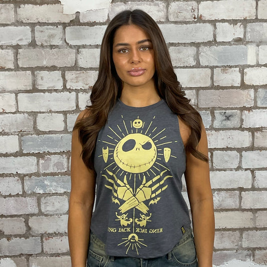 The Nightmare Before Christmas Print tank top made from an upcycled grey graphic band tshirt, punk rock style street wear, athleisure wear, unwantees is a sustainable fashion brand, we take unwanted graphic tshirts otherwise destined for landfill and recycle clothing into vest tops for sports wear or leisure.  Refashioned band merch, Racerback Sleeveless Top