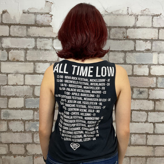 ATL 2015 European Tour tshirt, All Time Low graphic print Tshirt Upcycled by Unwantees, Graphic double sided print on black Tshirt jersey fabric, Festival Style Unwantee made from upcycled and deconstructed graphic tshirt, athleisure wear, unwantees is a sustainable fashion brand, we take unwanted graphic tshirts otherwise destined for landfill and recycle clothing into vest tops for sports wear or leisure.  Refashioned band merch, Slash Neck Sleeveless Top