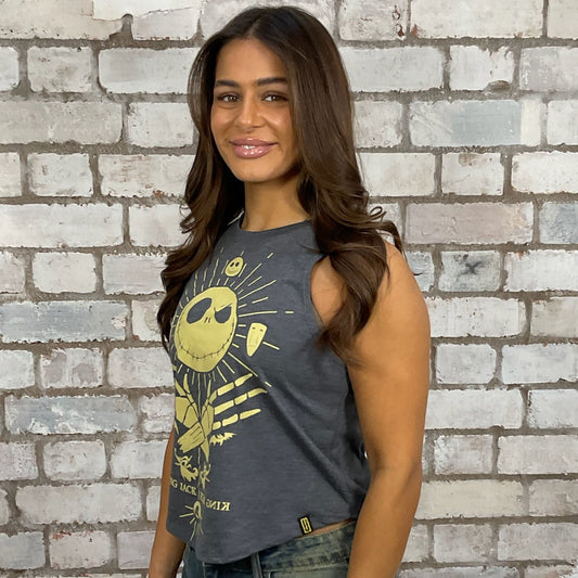 Nightmare Before Christmas Print tank top made from an upcycled grey graphic band tshirt, punk rock style street wear, athleisure wear, unwantees is a sustainable fashion brand, we take unwanted graphic tshirts otherwise destined for landfill and recycle clothing into vest tops for sports wear or leisure.  Refashioned band merch, Racerback Sleeveless Top