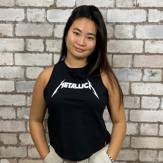 Metallica band merch tshirt, graphic print Tshirt Upcycled by Unwantees, Graphic print on black Tshirt jersey fabric, Festival Style Unwantee made from upcycled and deconstructed graphic tshirt, athleisure wear, unwantees is a sustainable fashion brand, we take unwanted graphic tshirts otherwise destined for landfill and recycle clothing into vest tops for sports wear or leisure.  Refashioned band merch, Slash Neck Sleeveless Top