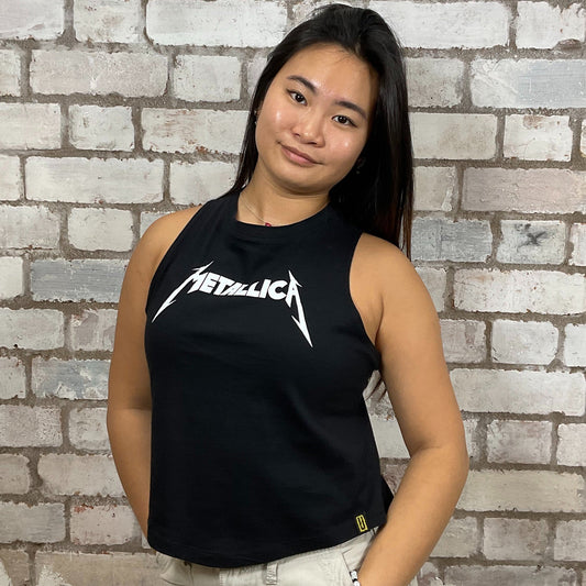 Metallica tshirt, graphic print Tshirt Upcycled by Unwantees, Graphic print on black Tshirt jersey fabric, Festival Style Unwantee made from upcycled and deconstructed graphic tshirt, athleisure wear, unwantees is a sustainable fashion brand, we take unwanted graphic tshirts otherwise destined for landfill and recycle clothing into vest tops for sports wear or leisure.  Refashioned band merch, Slash Neck Sleeveless Top