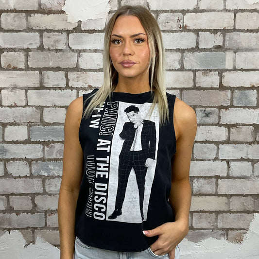 Panic at the Disco Tour 2019 Print Slash neck tank top made from an upcycled black graphic band tshirt, punk rock style street wear, athleisure wear, unwantees is a sustainable fashion brand, we take unwanted graphic tshirts otherwise destined for landfill and recycle clothing into vest tops for sports wear or leisure.  Refashioned band merch, Slash Neck Sleeveless Top