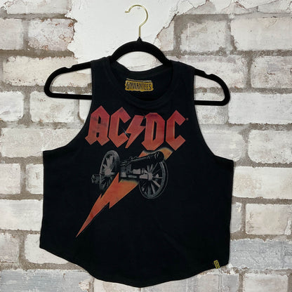 AC/DC Classic Logo merch graphics on black cotton Scoop Neck Tank Top upcycled by Unwantees, sustainable fashion made in Great Britain from vintage graphic tshirt 