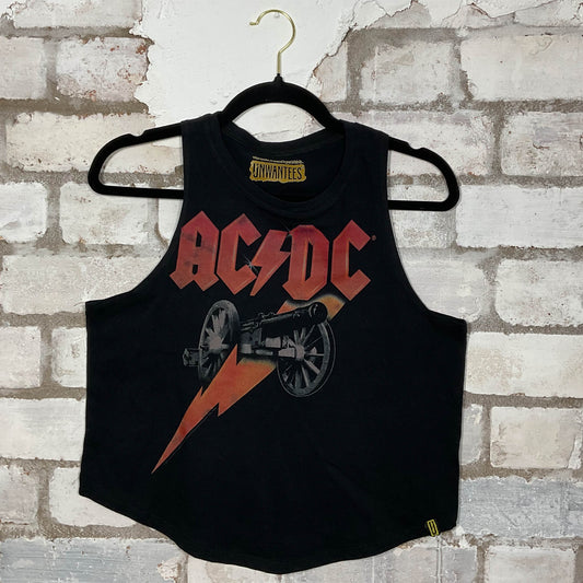 AC/DC Classic Logo merch graphics on black cotton Scoop Neck Tank Top upcycled by Unwantees, sustainable fashion made in Great Britain from vintage graphic tshirt 