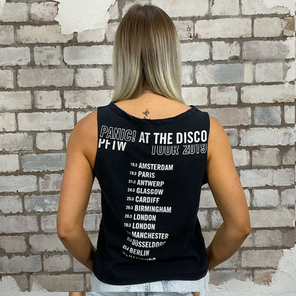 Panic at the disco Print Slash neck tank top made from upcycled graphic band 2019 Tour tshirt, punk rock style street wear, athleisure wear, unwantees is a sustainable fashion brand, we take unwanted graphic tshirts otherwise destined for landfill and recycle clothing into vest tops for sports wear or leisure.  Refashioned band merch, Slash Neck Sleeveless Top