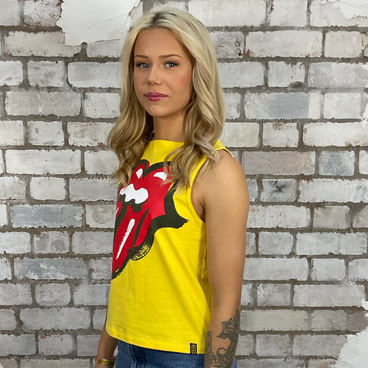 Rolling Stones 2018 European Tour Print Slash neck tank top made from an upcycled yellow graphic band tshirt, punk rock style street wear, athleisure wear, unwantees is a sustainable fashion brand, we take unwanted graphic tshirts otherwise destined for landfill and recycle clothing into vest tops for sports wear or leisure.  Refashioned band merch, Slash Neck Sleeveless Top