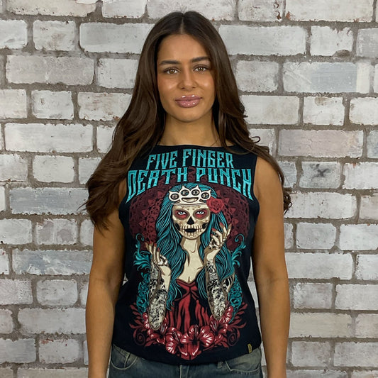 Five finger Death Punch Print Slash neck tank top made from an upcycled graphic band tshirt, punk rock style street wear, athleisure wear, unwantees is a sustainable fashion brand, we take unwanted graphic tshirts otherwise destined for landfill and recycle clothing into vest tops for sports wear or leisure.  Refashioned band merch, Slash Neck Sleeveless Top