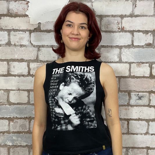 The Smiths band tshirt, graphic print Tshirt Upcycled by Unwantees, Graphic print on black Tshirt jersey fabric, Festival Style Unwantee made from upcycled and deconstructed graphic tshirt, athleisure wear, unwantees is a sustainable fashion brand, we take unwanted graphic tshirts otherwise destined for landfill and recycle clothing into vest tops for sports wear or leisure.  Refashioned band merch, Slash Neck Sleeveless Top