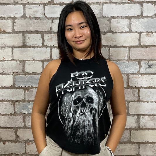 Foo Fighters, Skull design graphic print Tshirt Upcycled by Unwantees, Graphic print on black Tshirt jersey fabric, Festival Style Unwantee made from upcycled and deconstructed graphic tshirt, athleisure wear, unwantees is a sustainable fashion brand, we take unwanted graphic tshirts otherwise destined for landfill and recycle clothing into vest tops for sports wear or leisure.  Refashioned band merch, Slash Neck Sleeveless Top