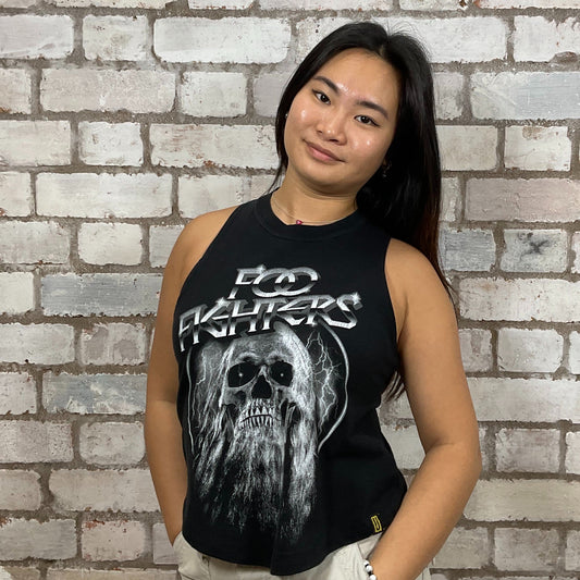 Foo Fighters, Bearded Skull design graphic print Tshirt Upcycled by Unwantees, Graphic print on black Tshirt jersey fabric, Festival Style Unwantee made from upcycled and deconstructed graphic tshirt, athleisure wear, unwantees is a sustainable fashion brand, we take unwanted graphic tshirts otherwise destined for landfill and recycle clothing into vest tops for sports wear or leisure.  Refashioned band merch, Slash Neck Sleeveless Top