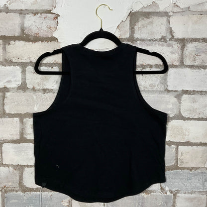 Rear View AC/DC Classic Logo merch graphics on black cotton Scoop Neck Tank Top upcycled by Unwantees, sustainable fashion made in Great Britain from vintage graphic tshirt 